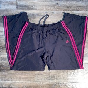 Adidas pull on track pants, size large, inner lining, drawstring, black w/ pink